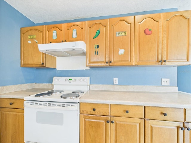 91 W Cedarwood Cir, Kissimmee, FL 34743 - kitchen with electric stove, under cabinet range hood, light countertops, and a textured ceiling