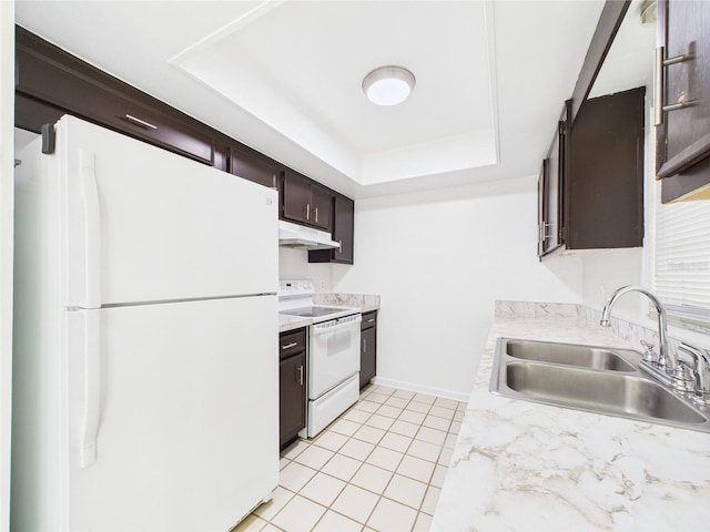 2434 Mill Run Blvd, Kissimmee, FL 34744 - kitchen featuring a tray ceiling, under cabinet range hood, dark brown cabinets, white appliances, and a sink