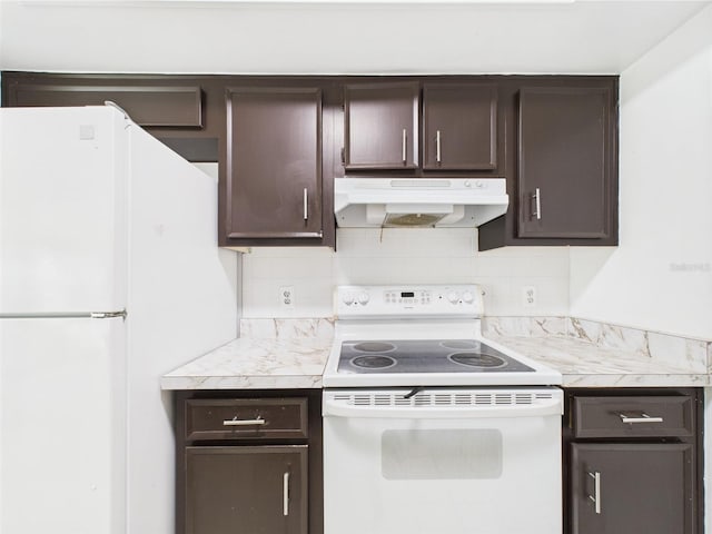 2434 Mill Run Blvd, Kissimmee, FL 34744 - kitchen with under cabinet range hood, dark brown cabinetry, white appliances, and light countertops