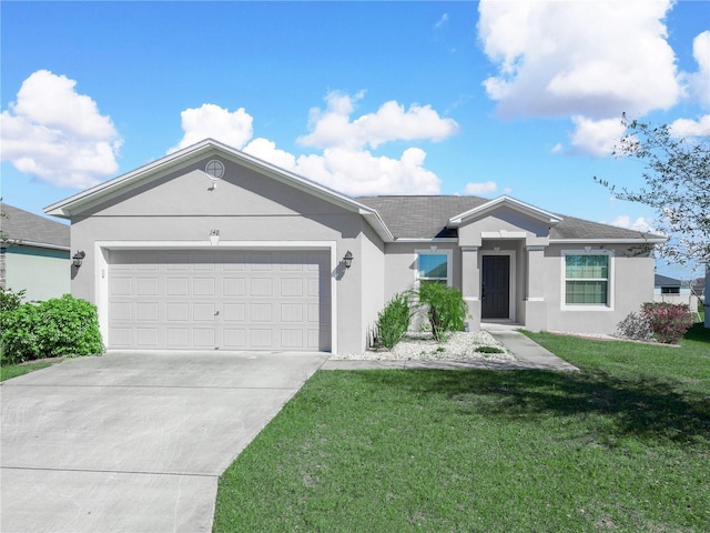 ranch-style home featuring a front yard and a garage