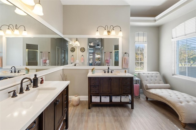 full bath featuring a stall shower, two vanities, a sink, and wood finished floors