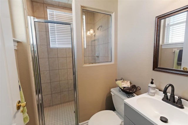 full bathroom featuring toilet, vanity, and a shower stall