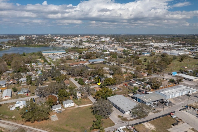 bird's eye view with a water view