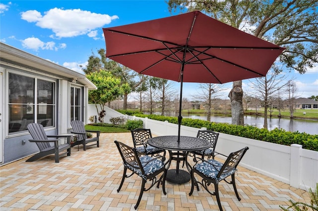 view of patio / terrace featuring outdoor dining space, a water view, and a fenced backyard