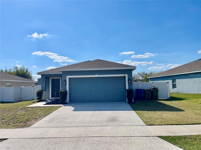 ranch-style home with a garage, concrete driveway, stucco siding, fence, and a front yard