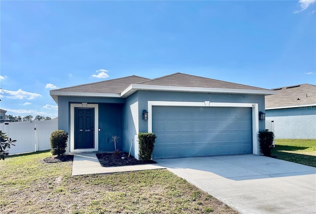 single story home with an attached garage, fence, driveway, stucco siding, and a front lawn