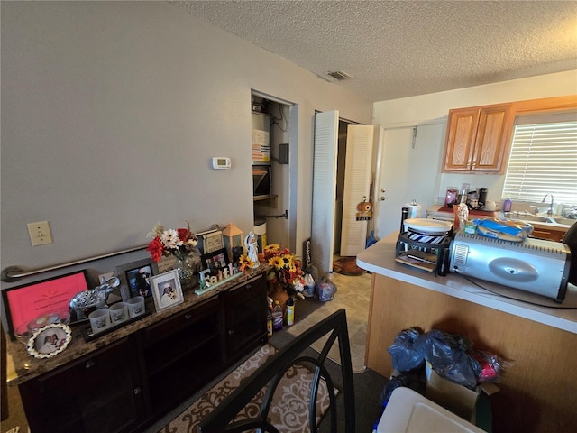 kitchen with a textured ceiling, a sink, and visible vents