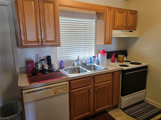 kitchen with range with electric cooktop, dishwasher, brown cabinets, under cabinet range hood, and a sink