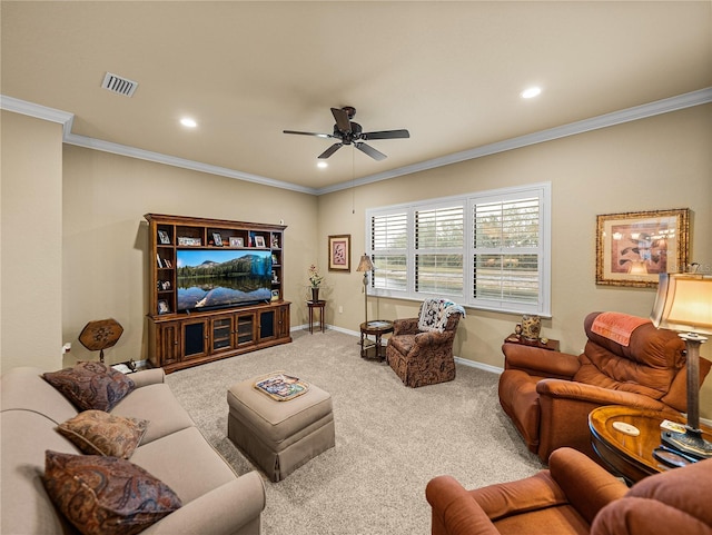 carpeted living area with recessed lighting, visible vents, crown molding, and baseboards