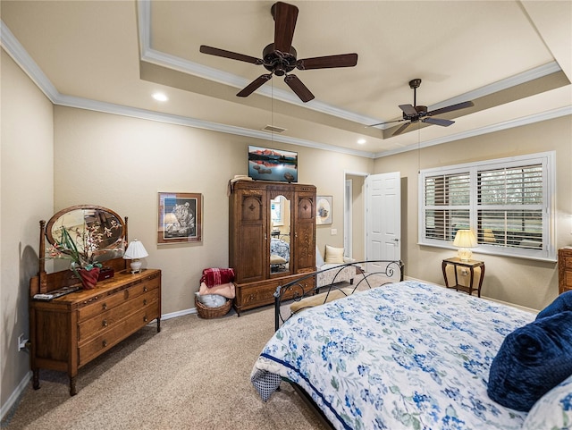 carpeted bedroom with visible vents, baseboards, a raised ceiling, ornamental molding, and recessed lighting