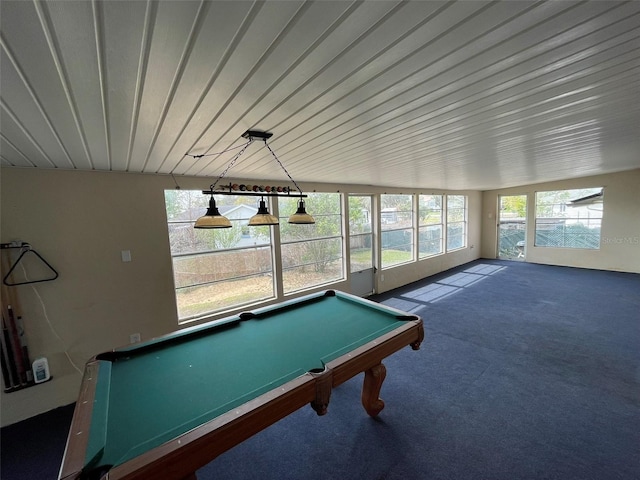 game room featuring dark colored carpet and pool table