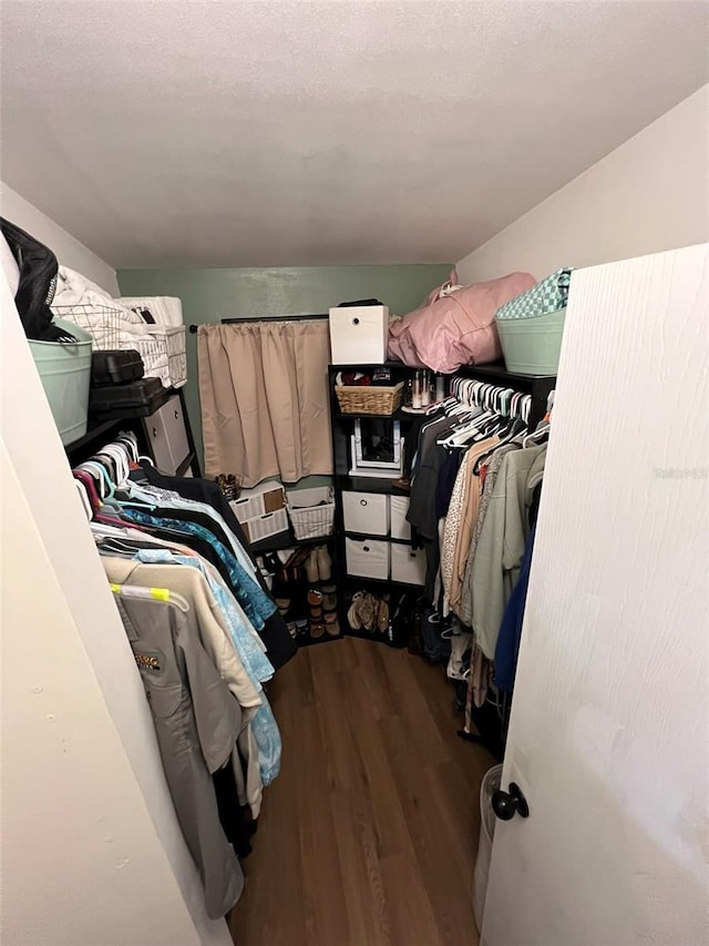 walk in closet with wood finished floors