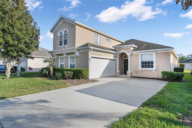 view of front of home with a garage, a shingled roof, driveway, stucco siding, and a front lawn