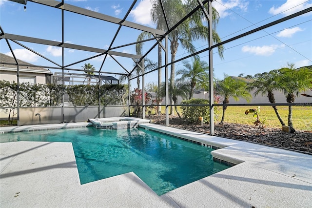 view of swimming pool with a patio area, a pool with connected hot tub, and glass enclosure