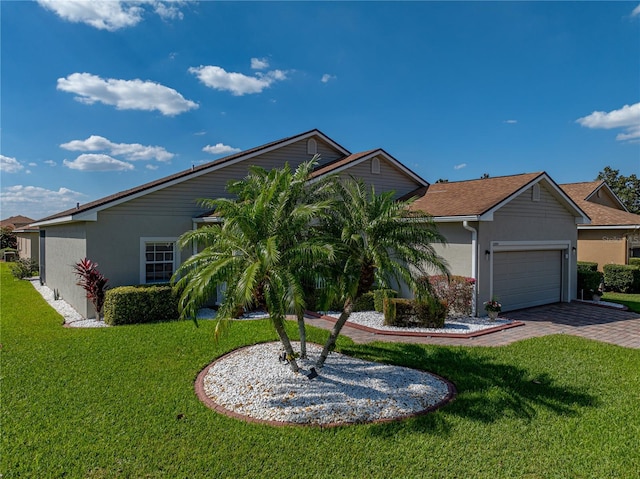 view of front of house with an attached garage, a front lawn, decorative driveway, and stucco siding