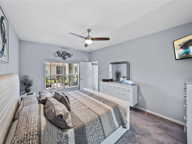 bedroom with ceiling fan, carpet, and baseboards