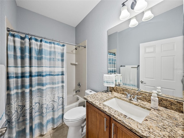 full bathroom featuring toilet, shower / tub combo, tile patterned flooring, and vanity