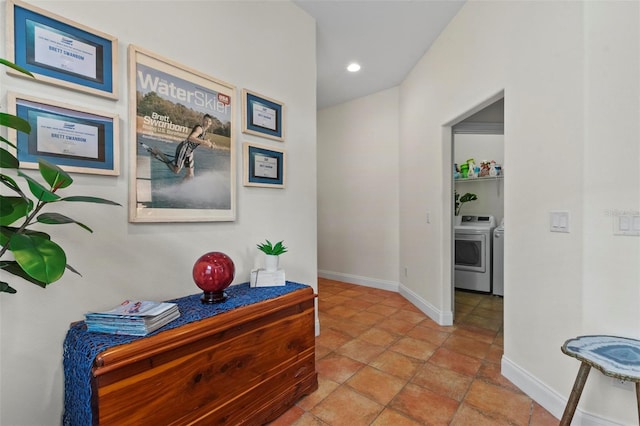 hall featuring washer and clothes dryer, recessed lighting, and baseboards