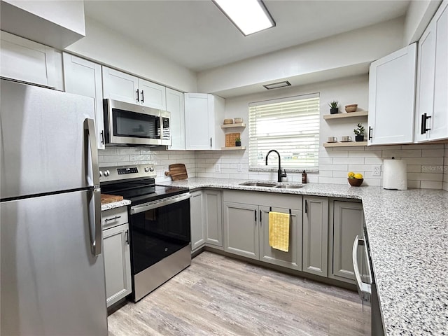 kitchen with appliances with stainless steel finishes, a sink, light stone counters, and open shelves
