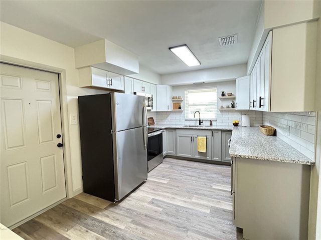 kitchen with a sink, light wood-style floors, appliances with stainless steel finishes, backsplash, and open shelves