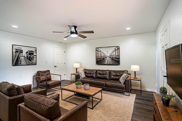 living area featuring dark wood-style floors, baseboards, a ceiling fan, and recessed lighting