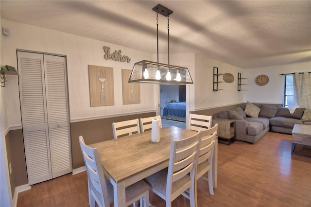 dining room featuring dark wood-style floors and a textured ceiling