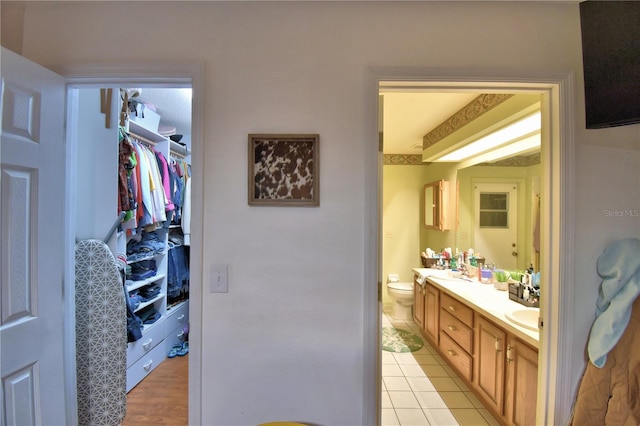 bathroom with vanity, toilet, and a spacious closet