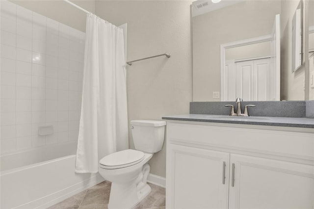 bathroom featuring tile patterned flooring, toilet, visible vents, vanity, and shower / tub combo with curtain