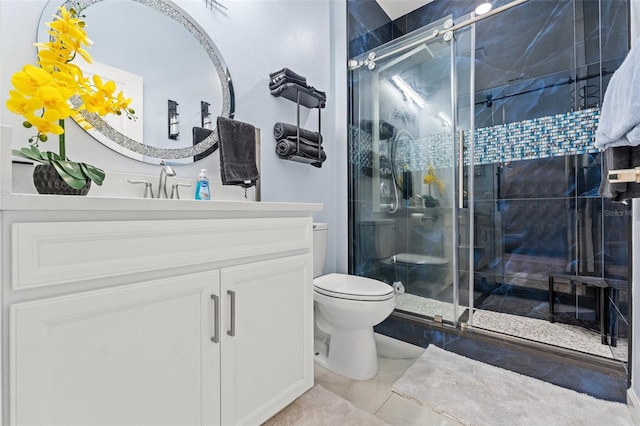 bathroom with toilet, a shower stall, tile patterned flooring, and vanity