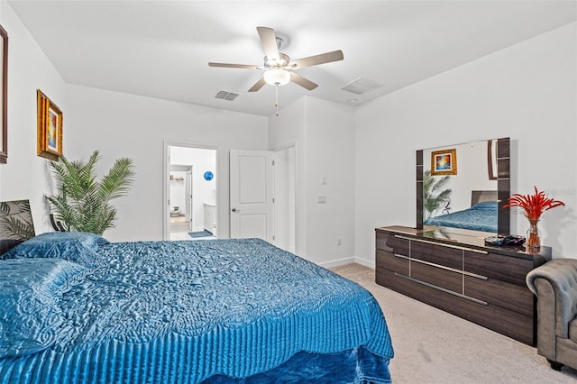 bedroom with light carpet, ceiling fan, and visible vents