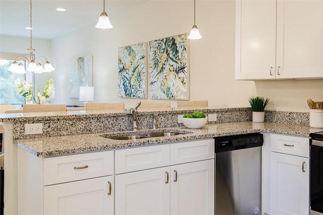 kitchen with hanging light fixtures, white cabinets, a sink, light stone countertops, and dishwasher