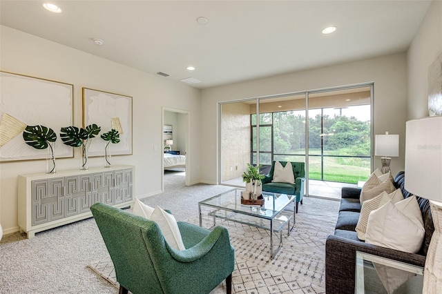 living room with light carpet, baseboards, visible vents, and recessed lighting