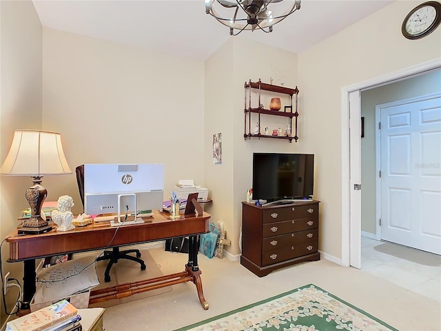 office with baseboards and a chandelier