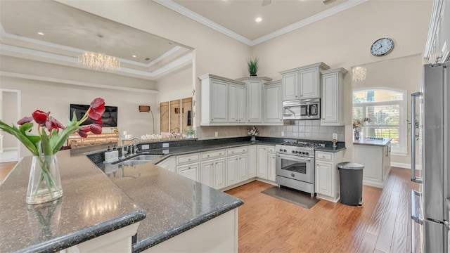 kitchen featuring crown molding, stainless steel appliances, backsplash, a sink, and light wood-type flooring