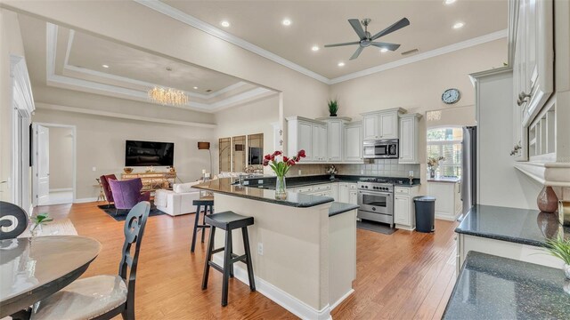 kitchen with light wood-style flooring, backsplash, appliances with stainless steel finishes, open floor plan, and a peninsula