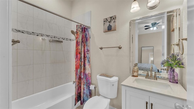 bathroom featuring toilet, shower / tub combo, ceiling fan, and vanity