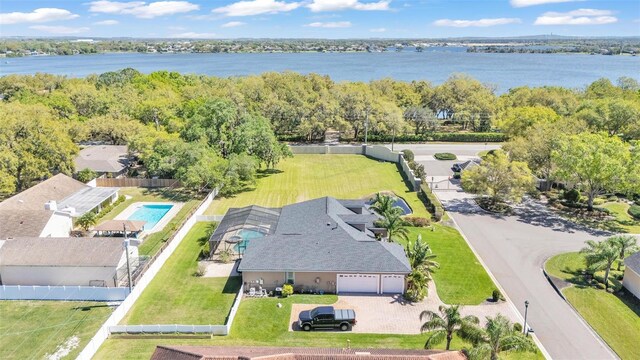 aerial view featuring a water view