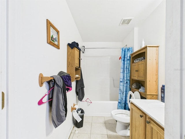 full bathroom with tile patterned flooring, toilet, visible vents, vanity, and shower / bath combination with curtain