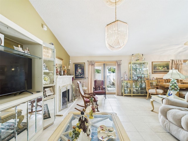 tiled living room featuring lofted ceiling, a premium fireplace, and a textured ceiling