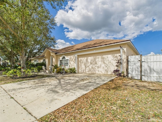 view of front of home with a gate, driveway, an attached garage, and fence