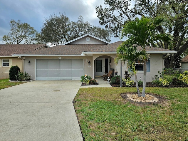 single story home with driveway, roof with shingles, an attached garage, a front yard, and stucco siding