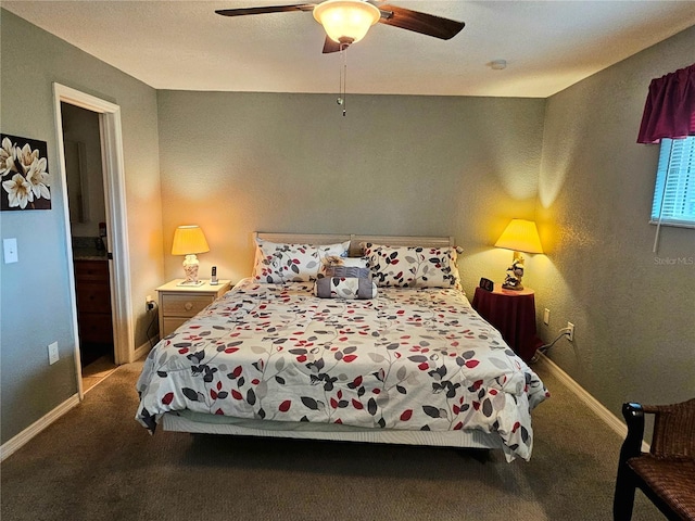 bedroom with carpet flooring, ceiling fan, and baseboards