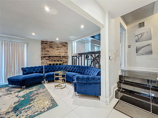 tiled living room featuring recessed lighting, a brick fireplace, a textured ceiling, and baseboards