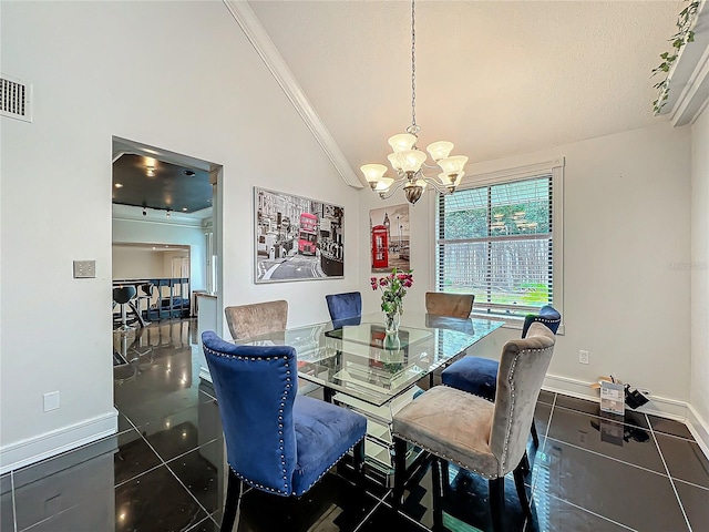 tiled dining area featuring crown molding, a notable chandelier, visible vents, vaulted ceiling, and baseboards