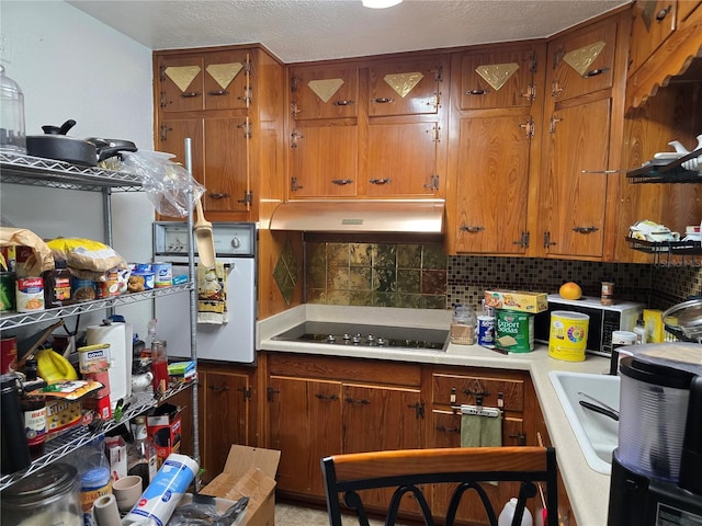 kitchen featuring brown cabinets, black electric stovetop, light countertops, under cabinet range hood, and backsplash