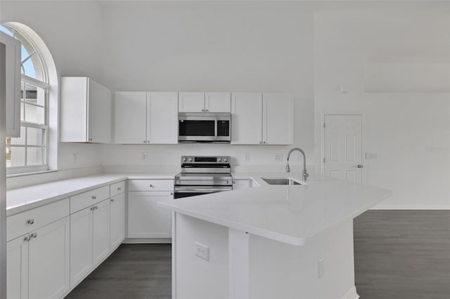 kitchen featuring appliances with stainless steel finishes, white cabinetry, a sink, and a towering ceiling