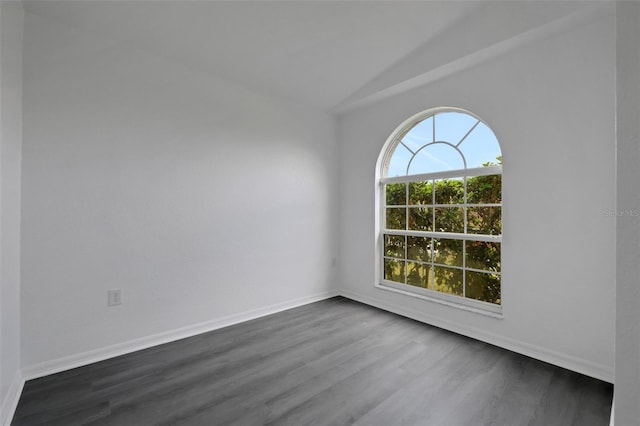 empty room with lofted ceiling, dark wood-type flooring, and baseboards