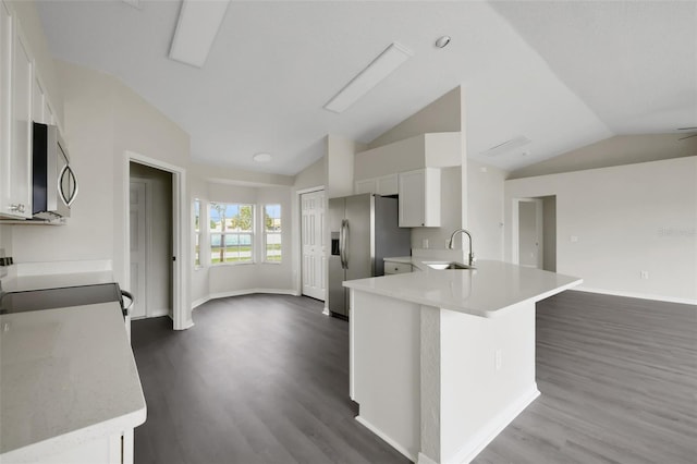 kitchen featuring stainless steel appliances, dark wood-style flooring, a sink, and white cabinetry