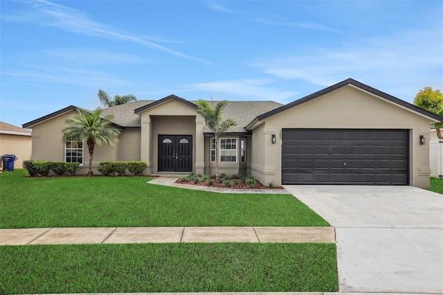 ranch-style house with a garage, a shingled roof, concrete driveway, stucco siding, and a front lawn