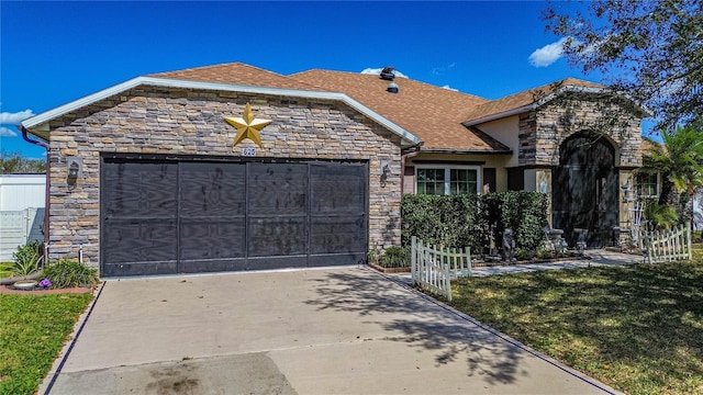 view of front facade with a garage, stone siding, concrete driveway, and stucco siding